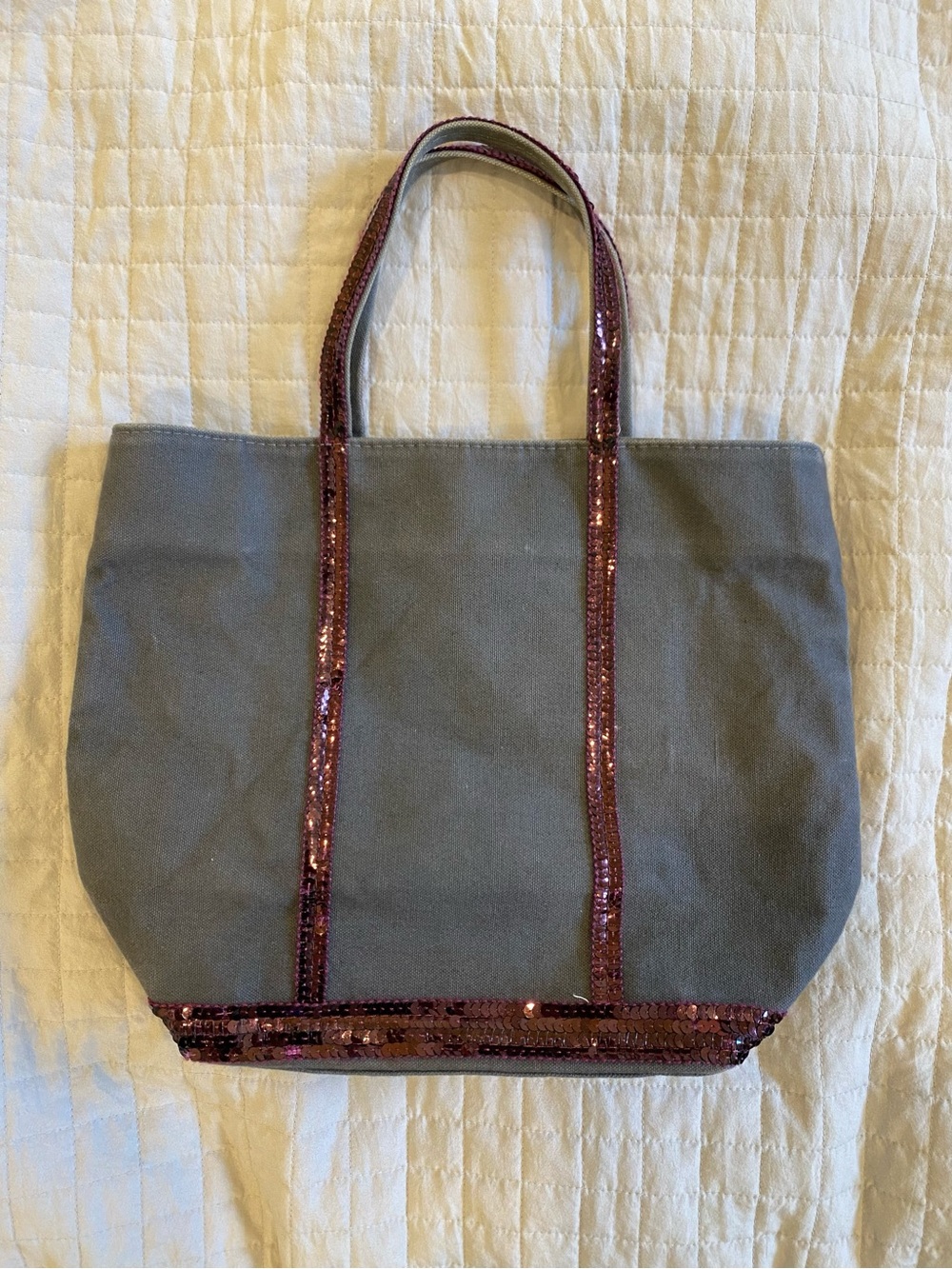 Vanessa Bruno Gray Canvas Tote with Pink Sequin Trim